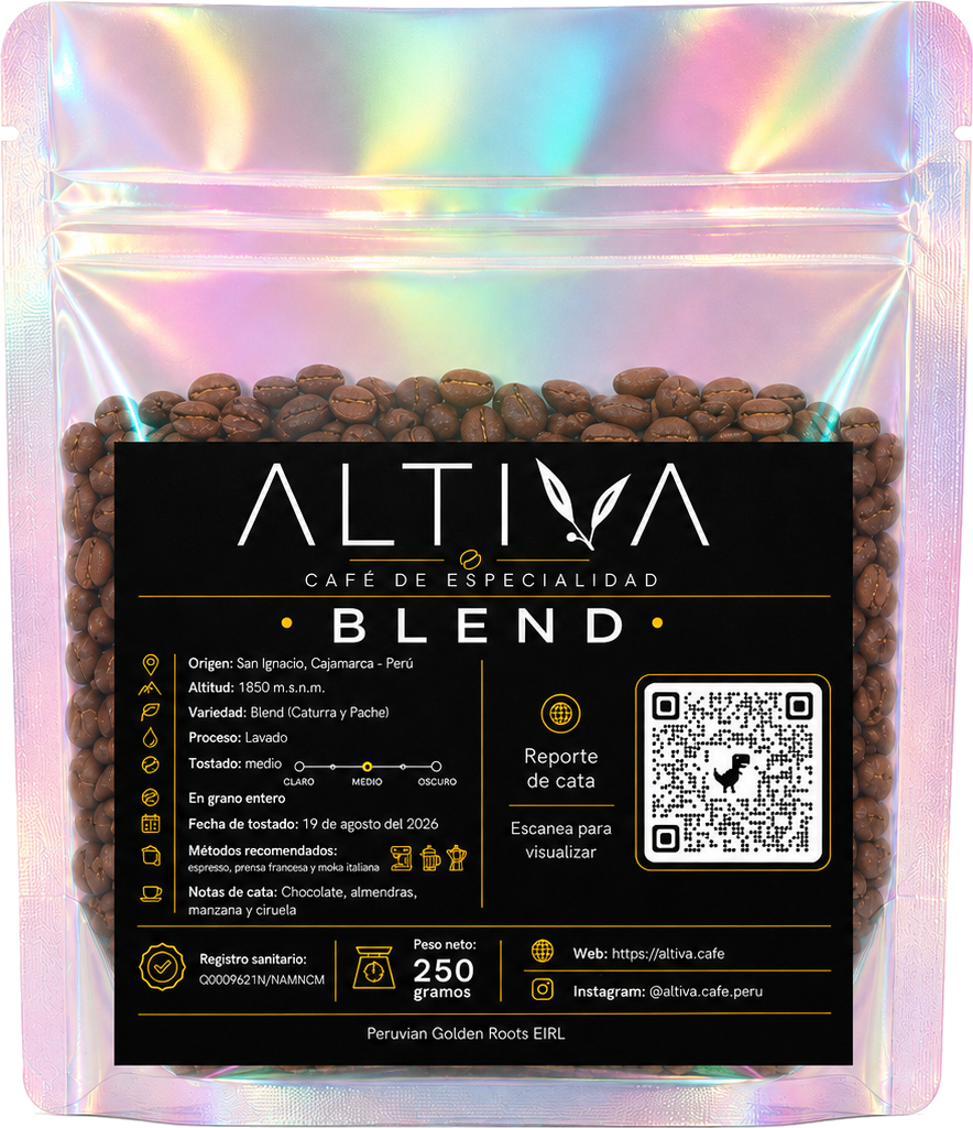Blend Altiva 250 g en bolsa holográfica con etiqueta negra