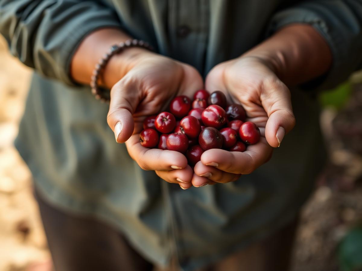 Manos de caficultor sosteniendo cerezas de café recién cosechadas